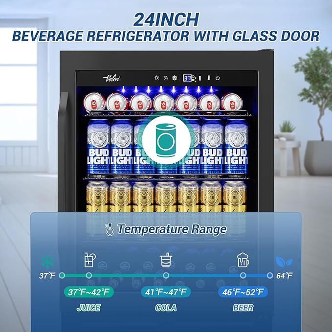 24" Black Beverage Refrigerator Cooler: 24Inch Built-In Under Counter Fridge for Soda, Beer, Drink | 168Cans Large Capacity - Perfect for Kitchen, Bar, or Office