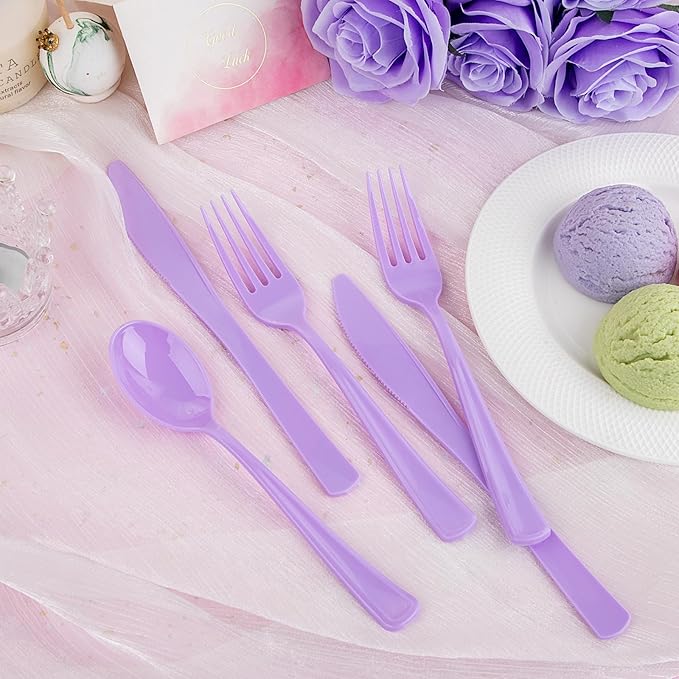 WDF 160 Piece Purple Plastic Silverware - Heavy Duty Purple Silverware Includes 80 Forks, 40 Spoons, 40 Knives, Lavender Plastic Utensils Perfect for Wedding, Party