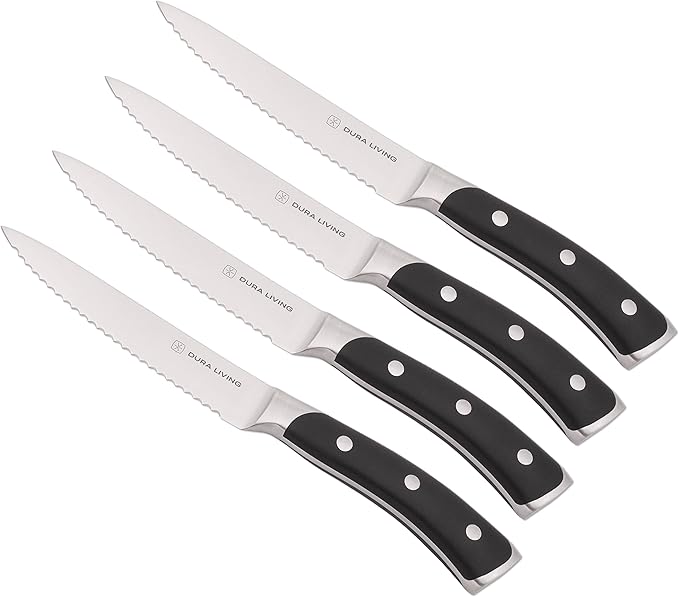 DURA LIVING 4-Piece Serrated Kitchen Steak Knife Set – Forged High Carbon Stainless Steel, Ultra Sharp, Ergonomic Black Handles, Durable Dinner Knives, Black Handle