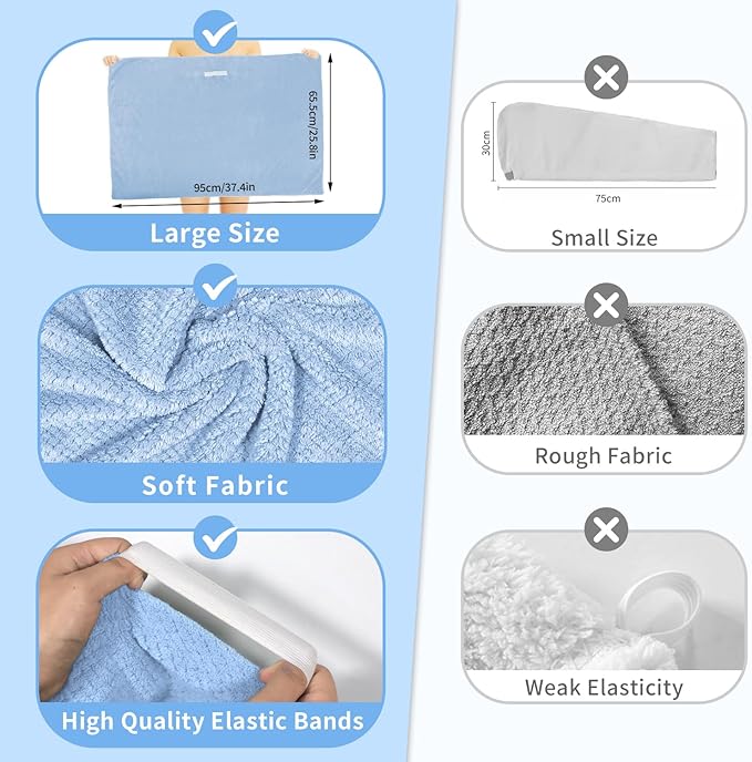 2 Pack Extra Large Microfiber Hair Towel Wrap for Women, 37.4" x 26.4" Super Absorbent & Quick Dry with Elastic Strap for Curly Hair (Blue)