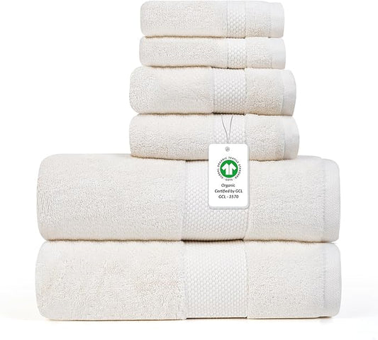 Farm to Home 100% Organic Christmas Bath Towel Set of 6 – GOTS & Oeko-TEX Certified Organic Cotton, Soft, Ultra Absorbent, Quick Dry - Includes 2 Bath Towels, 2 Hand Towels, 2 Washcloths - Pearl