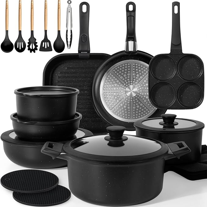 KIKCOIN Pots and Pans Set, 30 Pack Nonstick Cookware Set Detachable Handle, Induction RV Kitchen Cooking Set with Removable Handle, Frying Pans, Casserole - Dishwasher/Oven Safe, PFOA Free