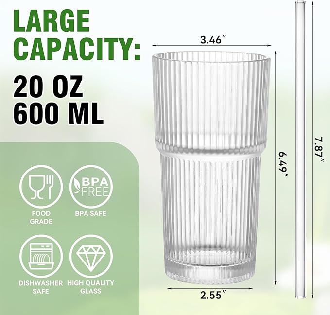 20 oz Glass Cup and Straw 3 Set, Glass Tumbler with Straw, Vintage Glassware for Whiskey Cocktail Beer, Iced Coffee Cups (3 PACK)