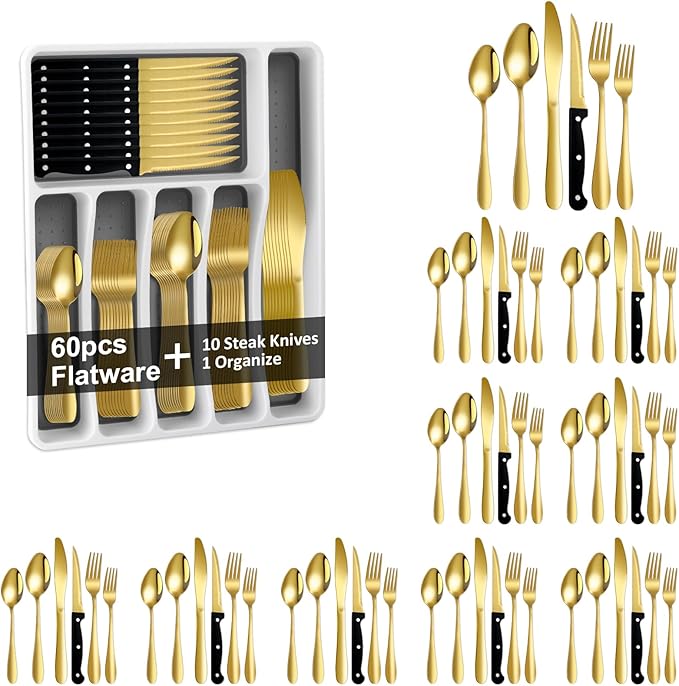 61Pcs Silverware Set with Organizer, Silver Stainless Steel Flatware Set for 10 Cutlery Utensil Sets with Steak Knives, Spoons and Forks Set, Dishwasher Safe