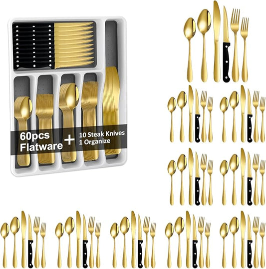 61Pcs Silverware Set with Organizer, Silver Stainless Steel Flatware Set for 10 Cutlery Utensil Sets with Steak Knives, Spoons and Forks Set, Dishwasher Safe
