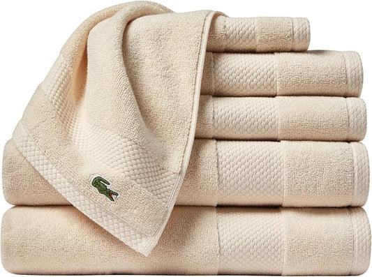 Lacoste Heritage Supima Cotton 6-Piece Towel Set, 2 Bath Towels, 2 Hand Towels, 2 Washcloths, Chalk – Highly Absorbent & Quick Drying, Bathroom Essential, Machine Washable