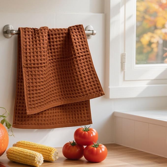 Jacquotha Waffle Hand Towels for Bathroom Kitchen Decor 2-Piece (Rust) – Cotton Quick Dry, Super Soft, Absorbent Kitchen Towels, 13x29”