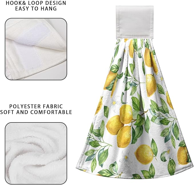 Spring Lemon Kitchen Hand Towels with Loop 2 Pcs Summer Leaves Yellow Lemons Hanging Dish Towels Soft Absorbent Tie Towel Dishcloths for Bathroom Kitchen Washroom 17 x 12 in