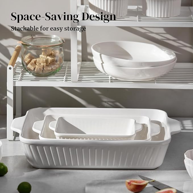 DOWAN Casserole Dishes for Oven, Baking Dishes Set, Ceramic Bakeware Sets of 3, Lasagna Pan Deep, Rectangular Baking Pan Set with Handles for Baking, Casserole, Kitchen, Wedding Gift, Soft White (15.6''/12.2''/8.9'')