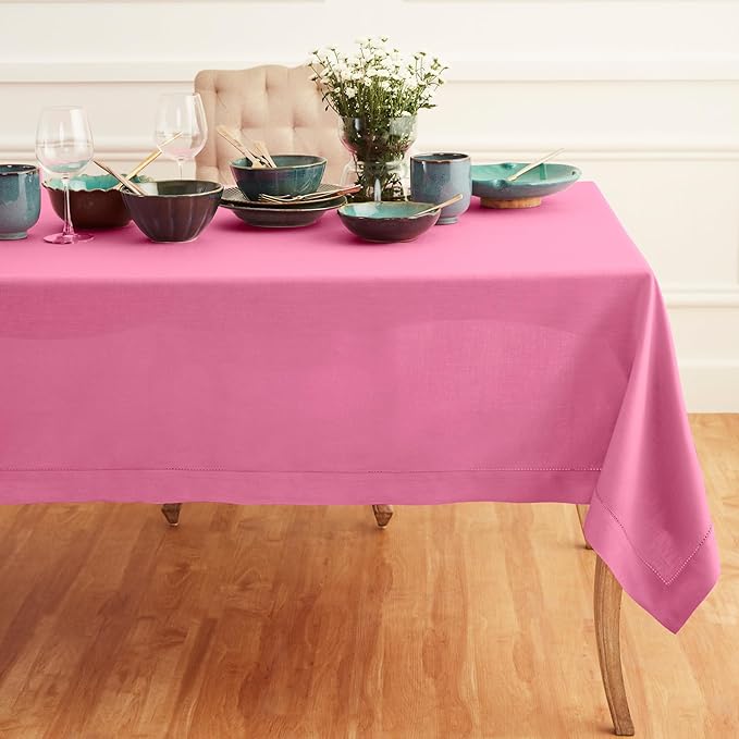 Solino Home Flamingo Pink Linen Tablecloth 60 x 132 Inch - Classic Hemstitch, 100% Pure Linen Rectangular Tablecloth - Machine Washable Table Cloth for Valentines