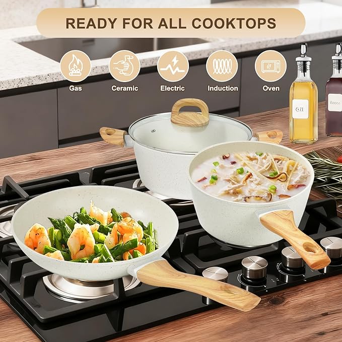 EWFEN 25 Pcs Pots and Pans Set, Nonstick Ceramic Cookware Sets, Healthy Non-Toxic, Large Capacity, Induction Compatible, Cooking Set with Frying Pans & Saucepans, PFAS/PTFE/PFOA Free, Cream White