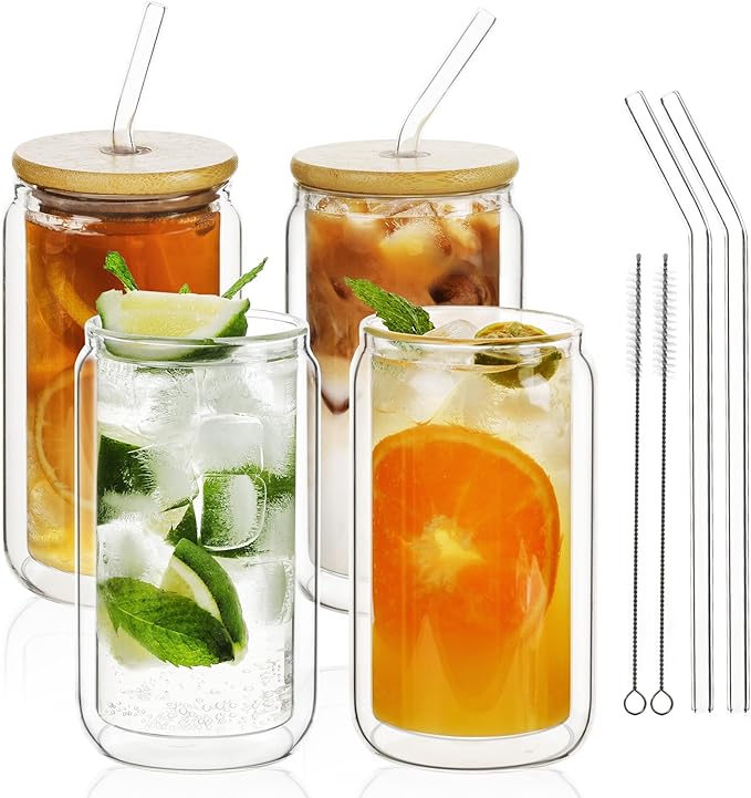 LIBWYS 12oz 4pcs Double Wall Glass Cups with Bamboo Lids and Straws - Condensation Resistant Insulated Drinking Glasses for Cold Beverages, Iced Coffee, Tea, Juice, Clear Borosilicate Glass Tumbler