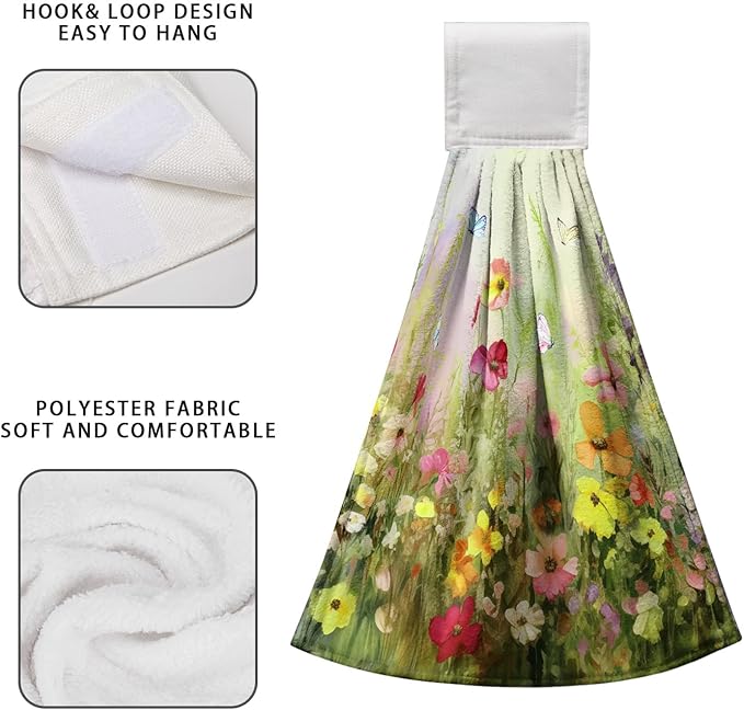 Spring Flowers Hanging Kitchen Towel with Loop 2 Pcs Wild Floral Hand Tie Towel for Bathroom Summer Green Haning Dish Towels Soft Absorbent for Kitchen Bathroom Home Decor Aceesories