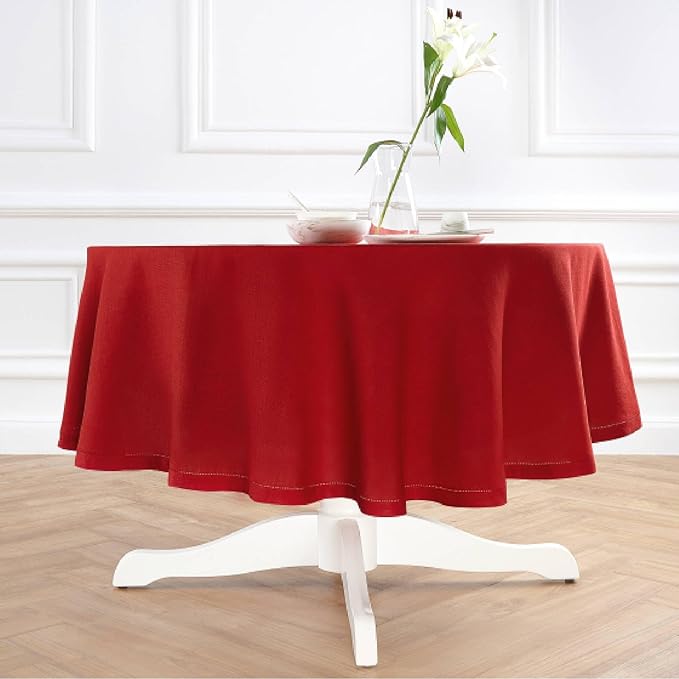 Solino Home Linen 60 Inch Round Tablecloth - 100% Pure Linen Red Round Tablecloth - Machine Washable Table Cloth for Valentines, Holiday, Winter, New Year - Sonoma Hemstitch