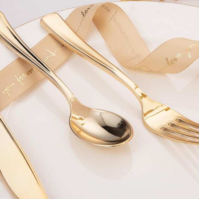 Liacere 200Pcs Gold Plastic Silverware-Gold Plastic Cutlery - Disposable Silverware include 100 Forks 50 Spoons 50 Knives Perfect for Parties & Weddings & Restaurants &Christmas & New Year