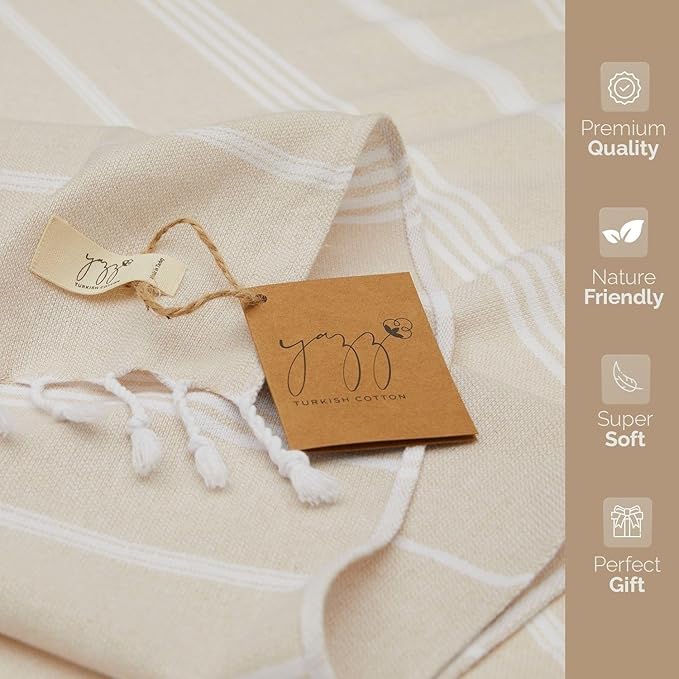 Hand Towels - Set of 2, 18" x 30" inches, Decorative Peshtemal Cotton Hand Towels for Kitchen, Bath, Guest, Face, Hair, Gym, Yoga, Dishcloth, Travel (Beige)