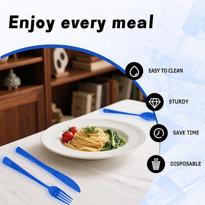 150 Pack Disposable Plastic Silverware, Heavy Duty Blue Plastic Cutlery Set Includes 50 Forks 50 Knives 50 Spoons for Birthday Wedding Party Picnics (150, Blue)