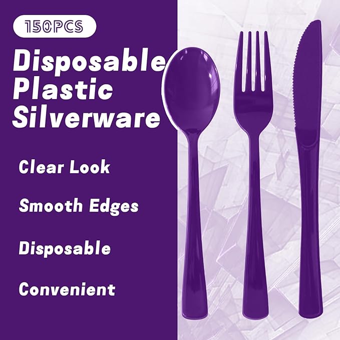 150 Pack Disposable Plastic Silverware, Heavy Duty Black Plastic Cutlery Set Includes 50 Forks 50 Knives 50 Spoons for Birthday Wedding Party Picnics (150, Purple)