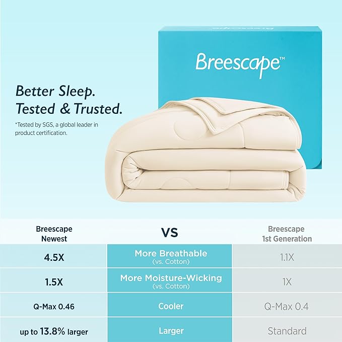 Breescape Cooling Comforter Twin Size - BlendTek™ Q-Max>0.46 Tech, Breathable Blanket for Hot Sleepers & Night Sweats Relief, Premium Lightweight Summer Bedding, 72x96 Inches, Ivory