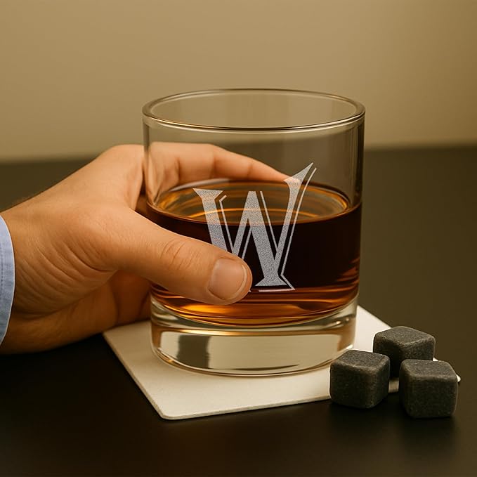 (W-Monogram)- 4 Piece Set of 11 Ounce Engraved Heavy Base Rocks Glasses- Quality Elegant Glass-Multi-Purpose Beverage-Rocks Glass- For any Occasion- By: On The Rox