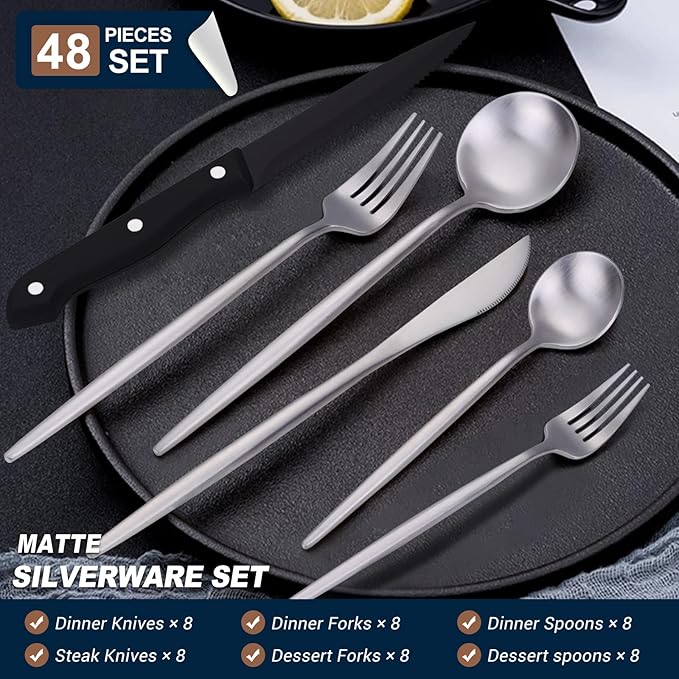 EUIRIO 48-Piece Matte Silverware Set with Steak Knives, Flatware Set for 8, Stainless Steel Forks and Spoons Silverware Sets, Satin Finish, Dishwasher Safe Cutlery Utensils Set