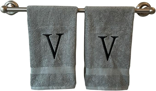 Gray Initial Hand Towel for Bathroom - Monogrammed Luxury Hotel Quality Decorative Embroidered Towel for Powder Room, Spa - GOTS Organic Certified - Set of 2 Black Letter V