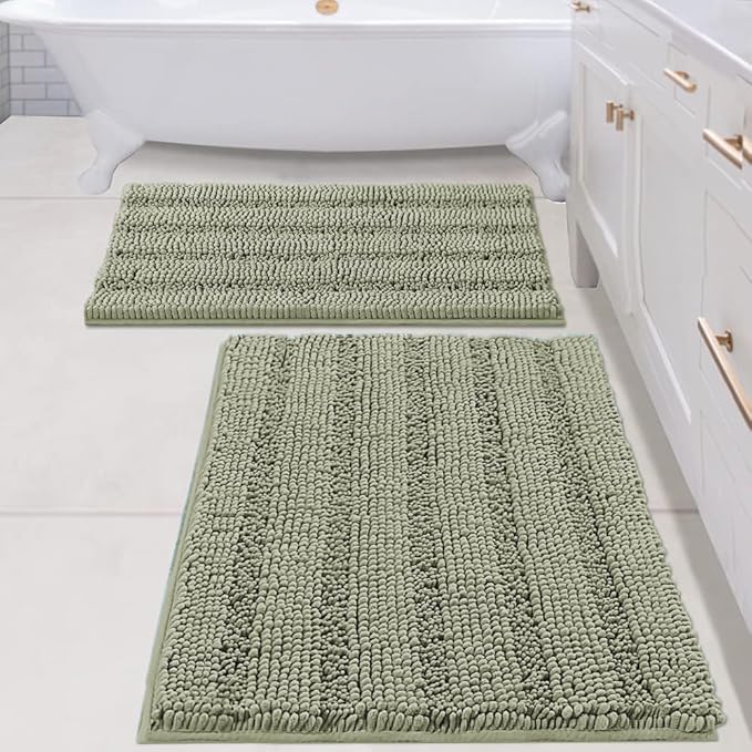 H.VERSAILTEX Bathroom Rug Sets 2 Piece Bath Mats Non Slip Thick Soft Chenille Striped Bath Rug achine Washable Shower Floor Rugs for Tub, Shower and Floor (Eucalyptus Green, 20" x 32"/24" x 36")