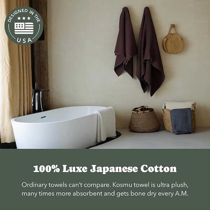 Luxury Organic Japanese Cotton Waffle Bath Towel | Thick, Absorbent, Quick Dry Bathroom Towels for Shower, Sauna, Onsen| Hotel & Spa Quality, Gift-Ready (Dark Cocoa, Bath Sheet Set (3-Piece))