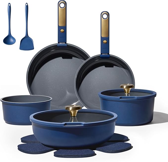 CAROTE Blue&Gold Ceramic Cookware Set Non Toxic, PFAS Free,15Pcs Pots and Pans Set Non Stick Detachable/Removable Handle,Kitchen Cooking Set Dishwasher Safe, Nonstick Pot and Pan, Induction Cookware