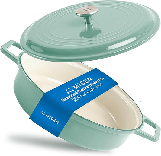 Misen 5.5 QT Braiser – Enameled Cast Iron Pan for Searing, Braising & Slow Cooking – No-Chip Enamel Coating – Extra-Wide Handles – Superior Heat Retention & Even Cooking - Green