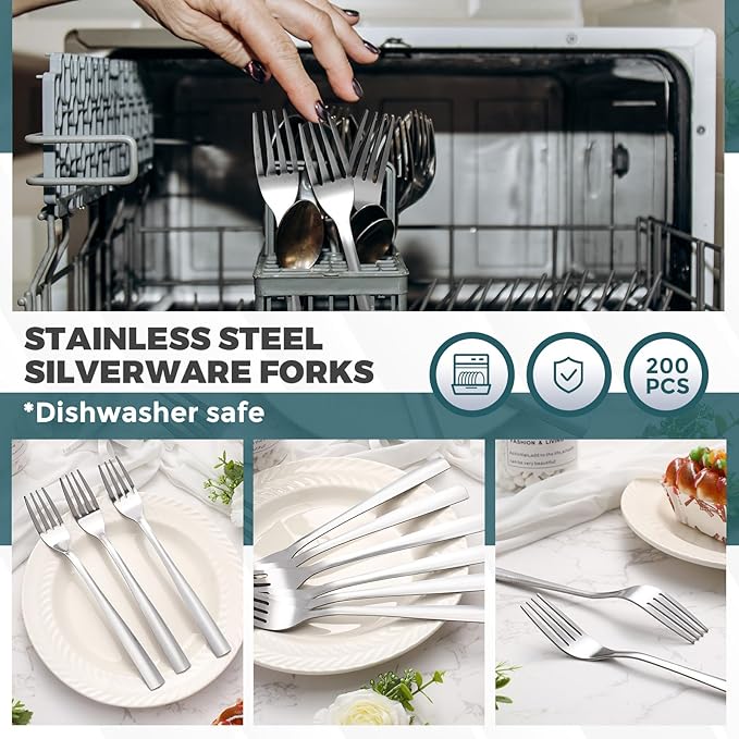 Roshtia 200 Pieces Metal Forks Bulk 6.7 Inch Stainless Steel Silverware Dinner Fork Set Restaurant Flatware for Kitchen Restaurant Mirror Finish and Dishwasher Safe