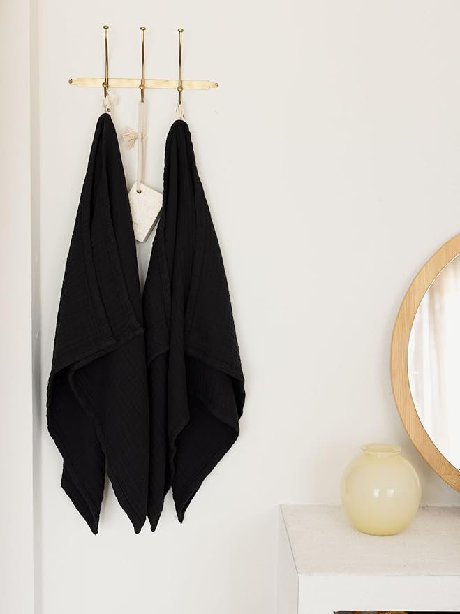 4 Pieces Muslin Towel Set for Bathroom, Luxury 100% Turkish Cotton Thin Soft Quick-Dry Lint-Free Large Size Bath Hand Towel Sets (Black, 2 Bath & 2 Hand Towel Set)