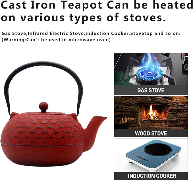 YJX 60.9 fl oz Cast Iron Teapot, Large Tea Kettle for Stove Top, Red Tea Pot with Stainless Steel Infuser for Loose Tea, 1.8L Japanese Enameled Metal Teapot