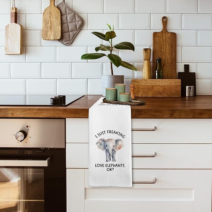 Funny Elephant Kitchen Towels Gifts, Woodsy Elephant Cabin Bathroom Decor for Home, Cute I Just Freaking Love Elephants Decor Dish Hand Tea Towels for Bathroom Kitchen, 16x24 Inches