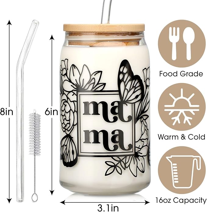 Mama Cup Gifts from Daughter Son, Mothers Day Gifts for Mama, Personalized Birthday Christmas Gift for Mother, Thank You Gift Ideas for Mom, New Mom for Women - 16 oz Iced Coffee Glass Cup