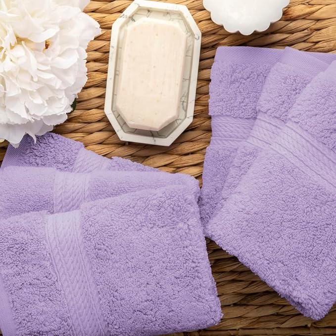 Superior Egyptian Cotton Pile Face Towel/Washcloth Set of 6, Ultra Soft Luxury Towels, Thick Plush Essentials, Absorbent Heavyweight, Guest Bath, Hotel, Spa, Home Bathroom, Shower Basics, Purple