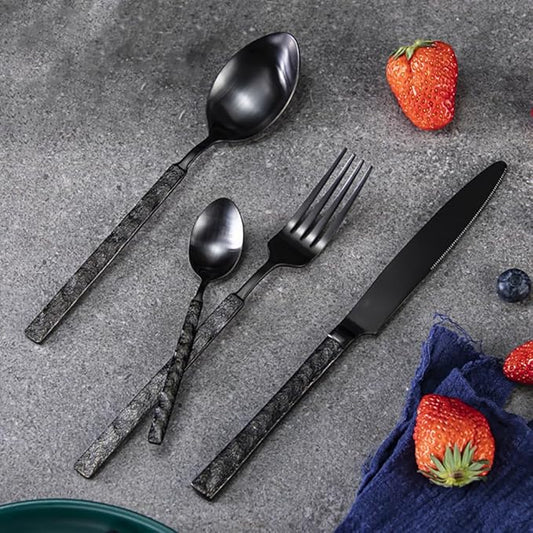 Black Silverware Set for 8 Modern Square Flatware Set Stainless Steel 32 Piece Cutlery Utensils Sets for Home Kitchen Restaurant Mirror Polished