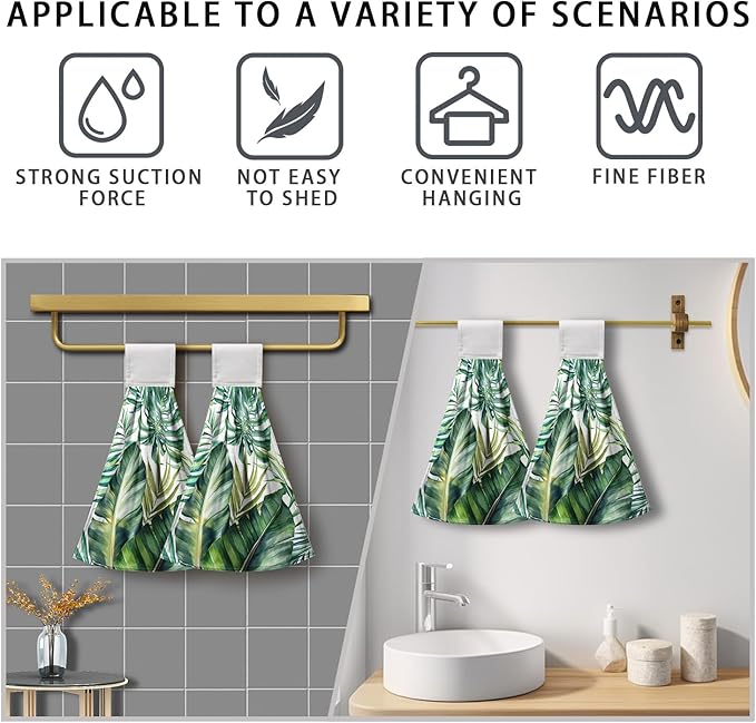 Summer Tropical Banana Leaf Hand Tie Towel Green Palm Leaves Kitchen Towels with Hanging Loop Jungle Hanging Dish Towel 2 Pcs Decorative Absorbent Tea Towels for Bathroom Kitchen