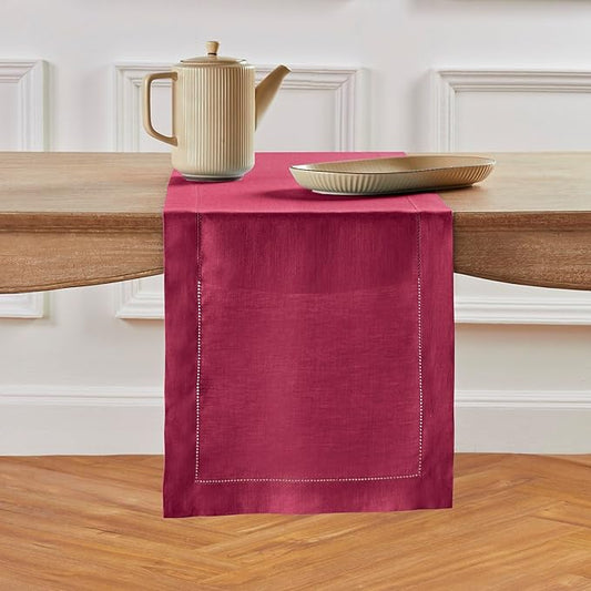 Solino Home Linen Beet Table Runner 132 Inches Long - 100% Pure Linen Extra Long Table Runner 14 x 132 Inch for Valentines, New Year - Classic Hemstitch