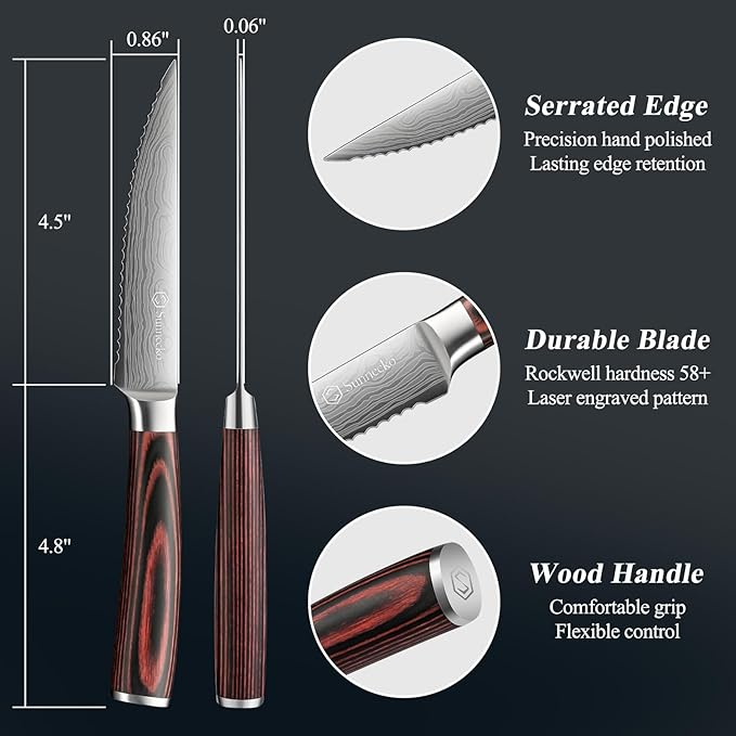 Sunnecko Razor-Sharp Steak Knives Set of 4,Premium Stainless Steel Serrated Steak Knife Set,Pakkawood Handle 4.5 Inch Kitchen Steak Knife with Gift Box