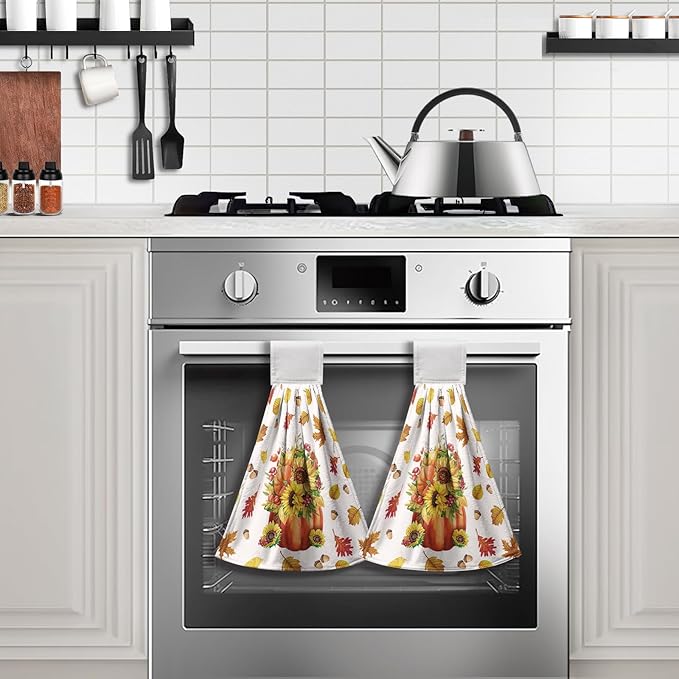 Fall Pumpkin Sunflower Bathroom Hand Tie Towel Autumn Maple Leaf Hanging Dish Towels Set of 2 Decorative Kitchen Towel Soft Absorbent Towels for Bathroom Kitchen Home Decor 17 * 12 Inch