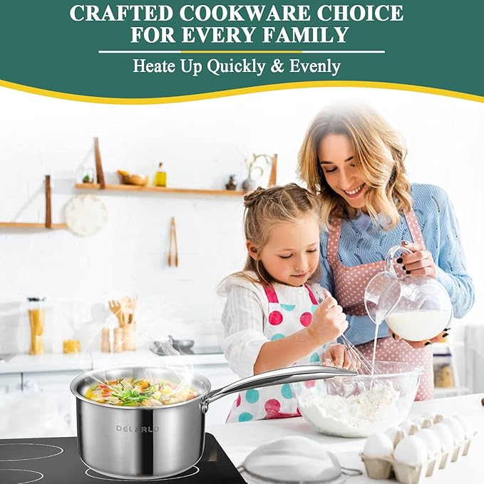 DELARLO Tri-Ply Stainless Steel 2.5 QT Saucepan with Lid, Heavy Duty Induction Pot, Fast Even Heat, Fuel Saving, Induction Cookware, Kitchen and Dining Steel Saucepan