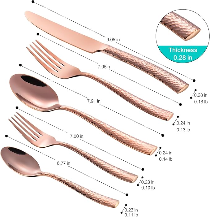 Silverware Rose Gold Hammered Heavy Flatware Set Cutlery Set Stainless Steel Mirror Finished Utensil 20 Pieces Spoons Forks and Knives Service for 4