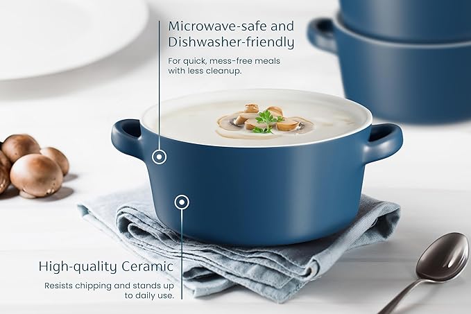 Kook Soup Crocks, Ceramic Stackable Bowls, Broil, Oven, Microwave and Dishwasher Safe, with Handles, For Casserole, Pasta, Cereal, Capacity 18 oz, Set of 4, (Matte Blue)