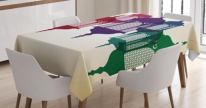 Ambesonne Oriental Tablecloth, Antique Style Colorful Motives Hanging on Sky Traditional Design, Rectangular Table Cover for Dining Room Kitchen Decor, 60" X 84", Yellow Green Purple and Red