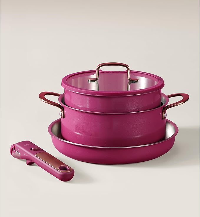 CAROTE 19pcs Tri-Ply Stainless Steel Cookware Set with Detachable Handle, Pots and Pans Set, Induction Kitchen Cooking Sets, RV/Camping Cookware, Outer Ceramic Layer, Oven Safe, Violet Purple