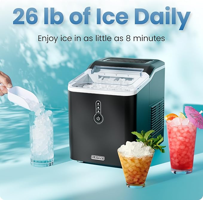 Iceman by Chefman Nugget Ice Maker Countertop, Pebble Ice Maker Machine, 26 lb in 24 Hours, Ready in 6 Minutes, Removable Ice Basket, Fun and Chewable Cubes, 1.5L Water Tank, Self-Cleaning Function