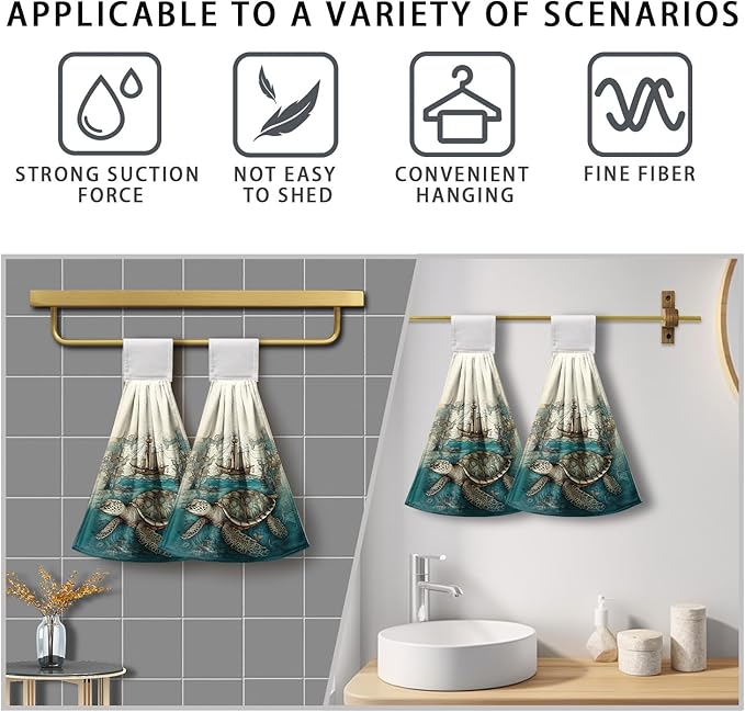 Sea Turtle Hanging Kitchen Towels Set of 2 Summer Ocean Turtle Hand Towel with Loop Coastal Tortoise Sailboats Hanging Dish Towels Absorbent Tie Towel for Bath Kitchen Home
