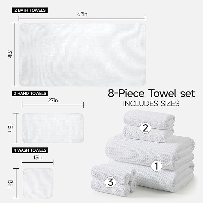 REDKISS 8 Pack Microfiber Waffle Bath Towels - Ivory Waffle Towels for Bathroom, Extra Large, Highly Absorbent, Quick Dry Bath Towel Set, Lint Free Bathroom Towel for Gym, Shower, Hotel and Spa