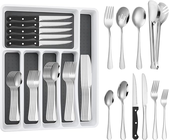 65PCS Silverware Set for 8 with Flatware Drawer Organizer, Stainless Steel Cutlery Set with Steak Knives, Include Spoons and Forks Set & Serving Utensils, Mirror Polished, Silver